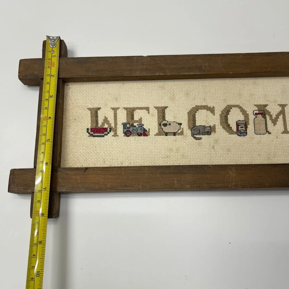 Vintage Handmade Cross Stitch Welcome Sign Wood Farmhouse Country Cottage Decor
